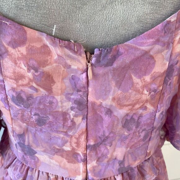 Jessica Simpson Pink & Purple Floral Puff Sleeve Ruffle Dress Size Small - Picture 5 of 7
